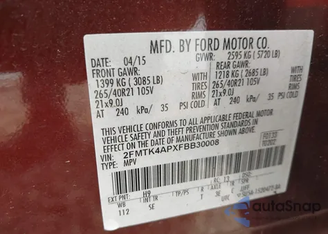 2015 Ford Edge Sport from USA, damaged, VIN 2FMTK4APXFBB30008
